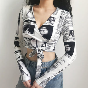 Rockmore Newspaper Letter Print Women T Shirt Deep V-neck Sexy Tees Shirts Long Sleeve Crop Top Streetwear  Basic Tshirt Womens