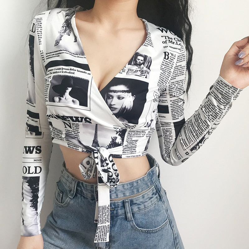 Rockmore Newspaper Letter Print Women T Shirt Deep V-neck Sexy Tees Shirts Long Sleeve Crop Top Streetwear  Basic Tshirt Womens