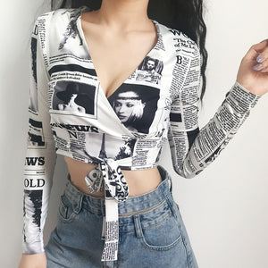 Rockmore Newspaper Letter Print Women T Shirt Deep V-neck Sexy Tees Shirts Long Sleeve Crop Top Streetwear  Basic Tshirt Womens