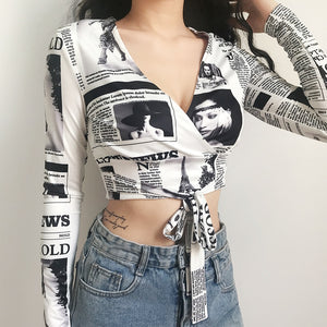 Rockmore Newspaper Letter Print Women T Shirt Deep V-neck Sexy Tees Shirts Long Sleeve Crop Top Streetwear  Basic Tshirt Womens