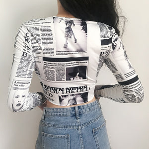 Rockmore Newspaper Letter Print Women T Shirt Deep V-neck Sexy Tees Shirts Long Sleeve Crop Top Streetwear  Basic Tshirt Womens