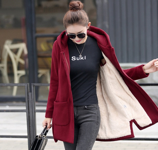 NEW AUTUMN WINTER WOMEN'S FLEECE JACKET LONG HOODED COATS OUTERWEAR WARM THICK WOMEN'S RED SLIM FIT HOODIES JACKETS