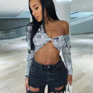 Rockmore Newspaper Letter Print Women T Shirt Deep V-neck Sexy Tees Shirts Long Sleeve Crop Top Streetwear  Basic Tshirt Womens