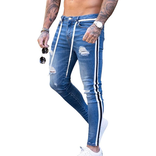 MEN'S JEANS HIP HOP FIT RIPPED DENIM PANTS  SIDE STRIPE PENCIL PANTS STREETWEAR