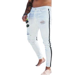 MEN'S JEANS HIP HOP FIT RIPPED DENIM PANTS  SIDE STRIPE PENCIL PANTS STREETWEAR