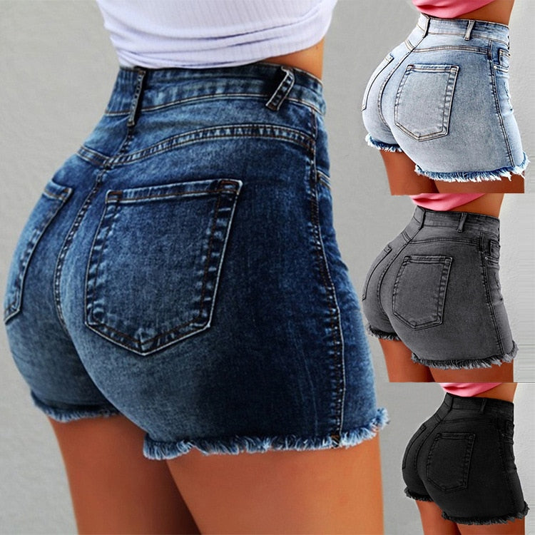 NEW SHORTS FOR WOMEN'S SUMMER BODYCON RIPPED TASSLE HIGH WAIST DENIM SHORTS