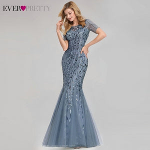 FORMAL EVENING DRESSES 2020 EVER PRETTY NEW MERMAID O-NECK SHORT SLEEVE LACE APPLIQUSE TULLE LONG PARTY GOWNS ROBE SOIREE SEXY