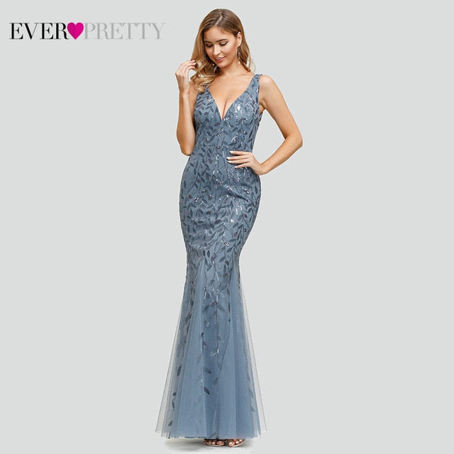 FORMAL EVENING DRESSES 2020 EVER PRETTY NEW MERMAID O-NECK SHORT SLEEVE LACE APPLIQUSE TULLE LONG PARTY GOWNS ROBE SOIREE SEXY