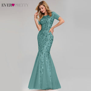 FORMAL EVENING DRESSES 2020 EVER PRETTY NEW MERMAID O-NECK SHORT SLEEVE LACE APPLIQUSE TULLE LONG PARTY GOWNS ROBE SOIREE SEXY