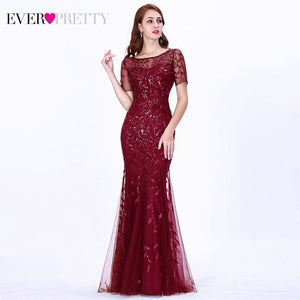 FORMAL EVENING DRESSES 2020 EVER PRETTY NEW MERMAID O-NECK SHORT SLEEVE LACE APPLIQUSE TULLE LONG PARTY GOWNS ROBE SOIREE SEXY