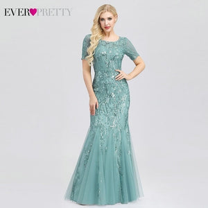 FORMAL EVENING DRESSES 2020 EVER PRETTY NEW MERMAID O-NECK SHORT SLEEVE LACE APPLIQUSE TULLE LONG PARTY GOWNS ROBE SOIREE SEXY