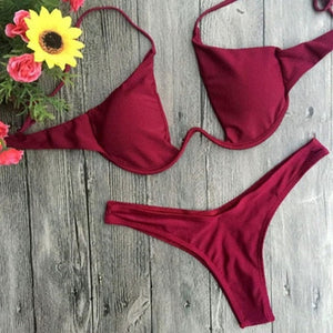 WOMEN PUSH UP BANDAGE BIKINI SOLID COLOR SWIMSUIT LOW WAIST TRIANGLE SWIMWEAR SEXY BATHING SUIT