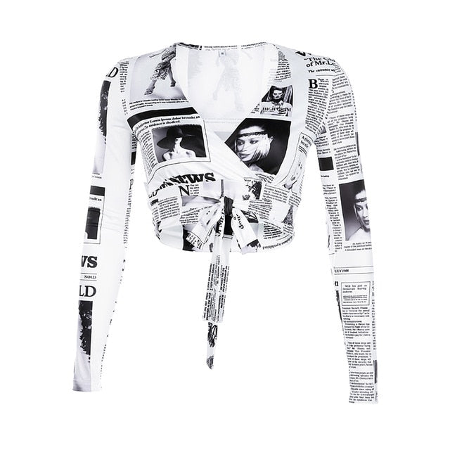 Rockmore Newspaper Letter Print Women T Shirt Deep V-neck Sexy Tees Shirts Long Sleeve Crop Top Streetwear  Basic Tshirt Womens