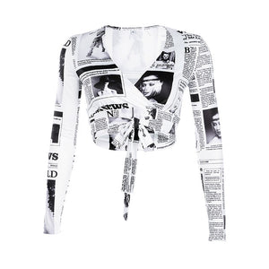 Rockmore Newspaper Letter Print Women T Shirt Deep V-neck Sexy Tees Shirts Long Sleeve Crop Top Streetwear  Basic Tshirt Womens