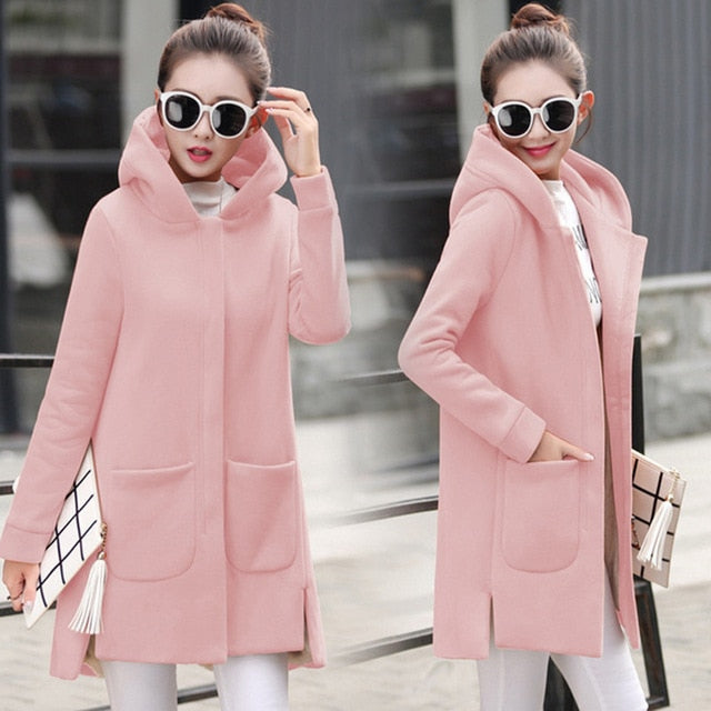 NEW AUTUMN WINTER WOMEN'S FLEECE JACKET LONG HOODED COATS OUTERWEAR WARM THICK WOMEN'S RED SLIM FIT HOODIES JACKETS